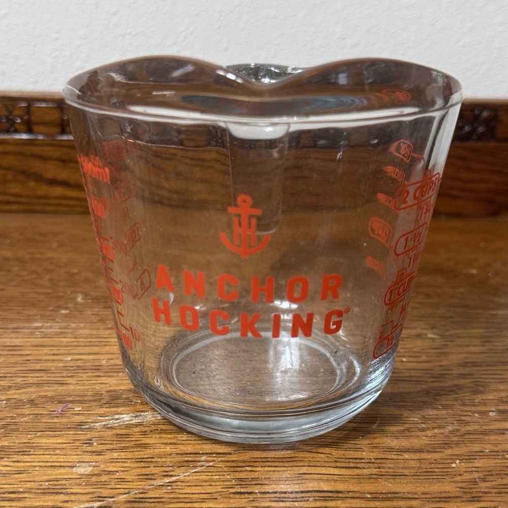 Vintage Anchor Hocking 2 Cup 16 500ml Glass Measuring Cup Red Lettering #698 USA